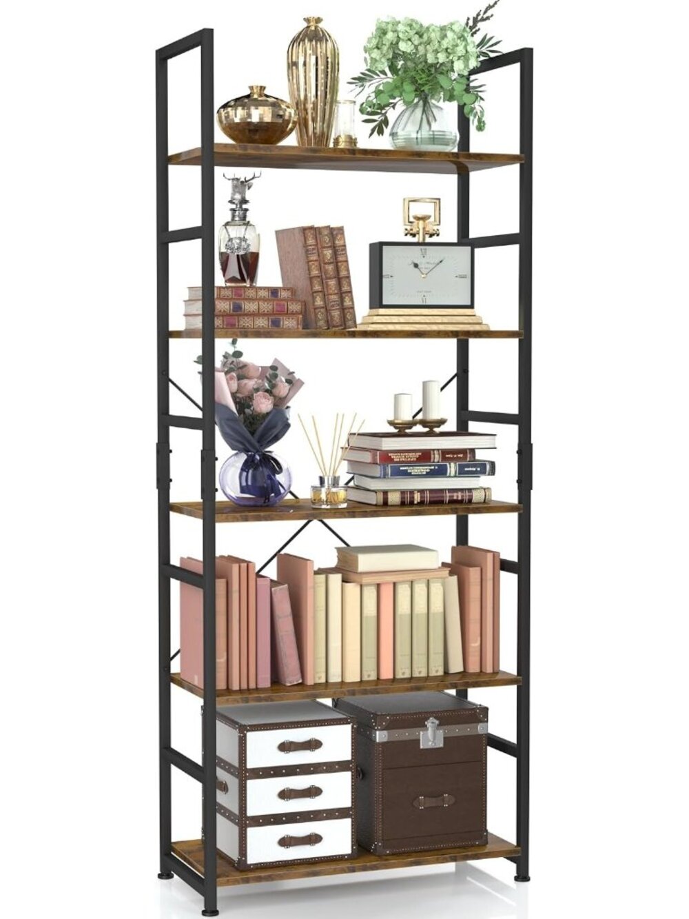 New 5 Tier Bookshelf, Tall Freestanding Open Storage Bookcase, Vintage
